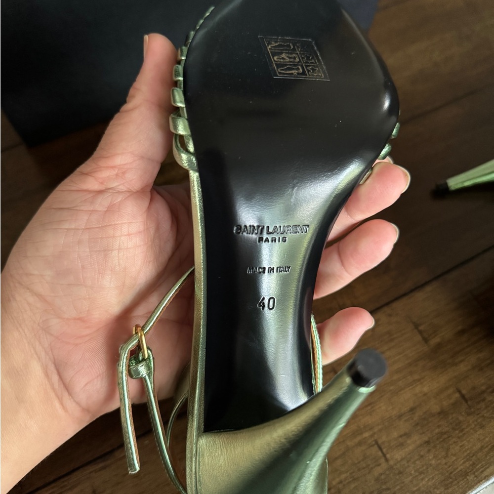 Saint Laurent Metallic Green Strappy “Tina Sandals” Heels - Picture 4 of 12